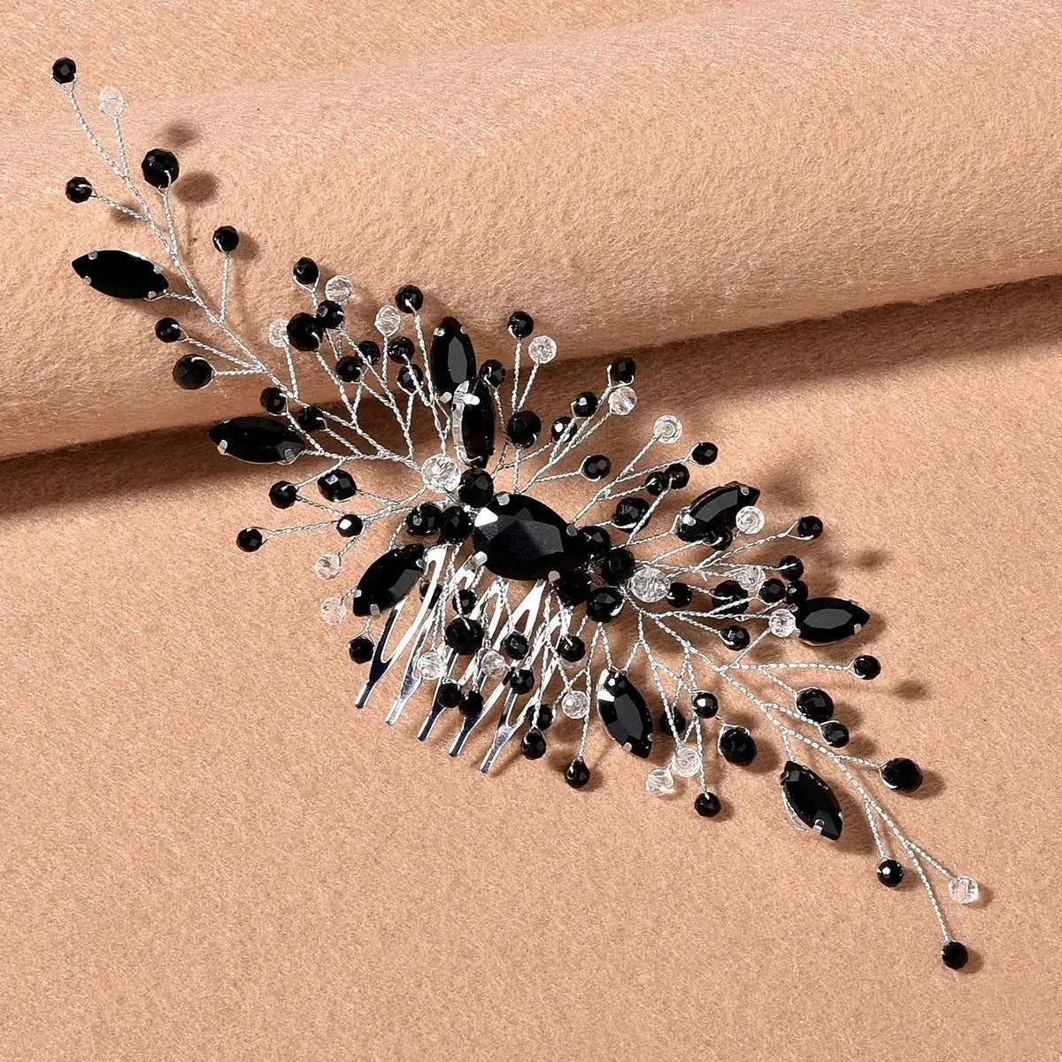 Black Gem Bridal Hair Comb, Rhinestone Gothic Hairpiece, Large Wedding Black Crystal Headpiece