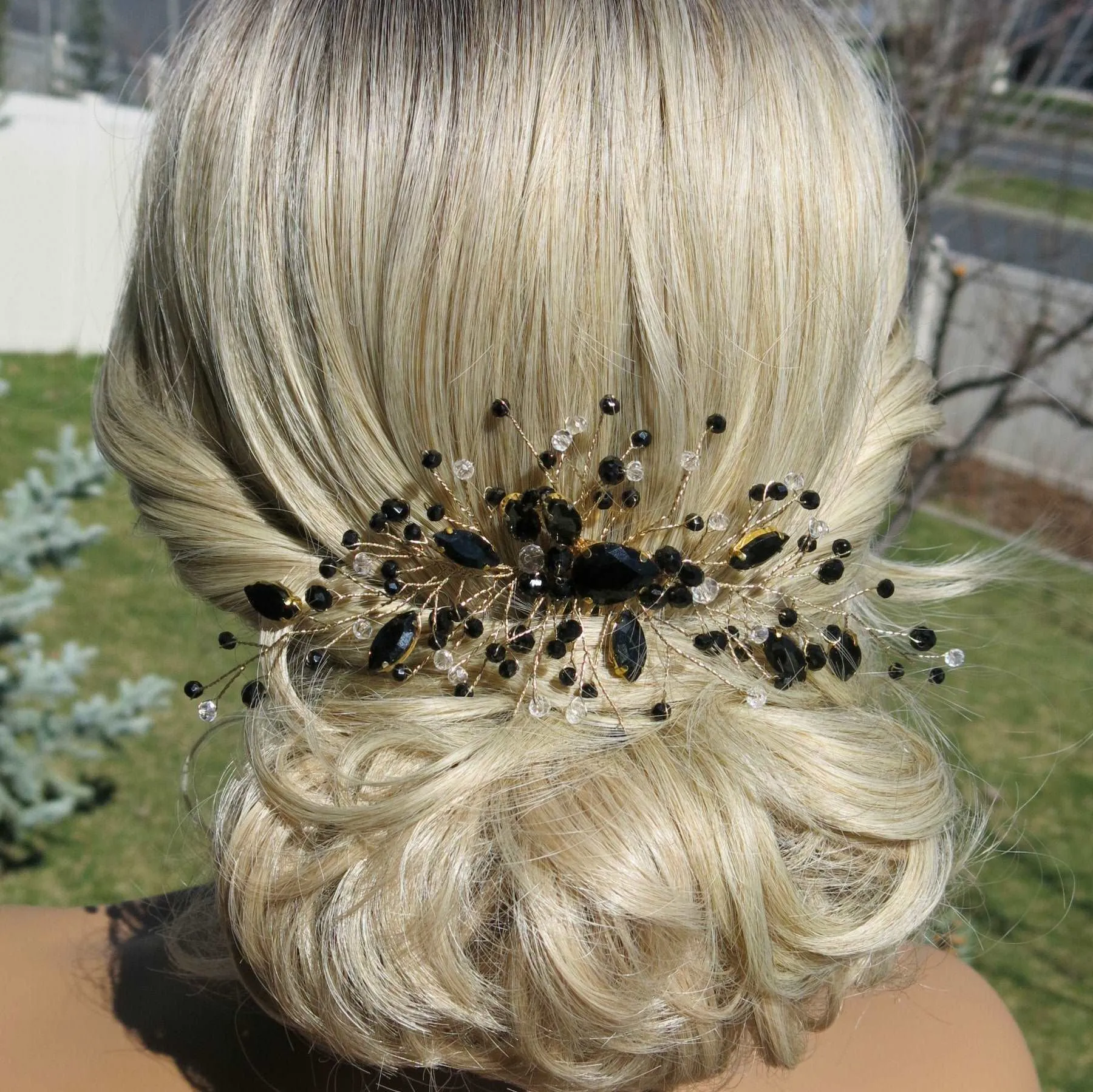 Black Gem Bridal Hair Comb, Rhinestone Gothic Hairpiece, Large Wedding Black Crystal Headpiece