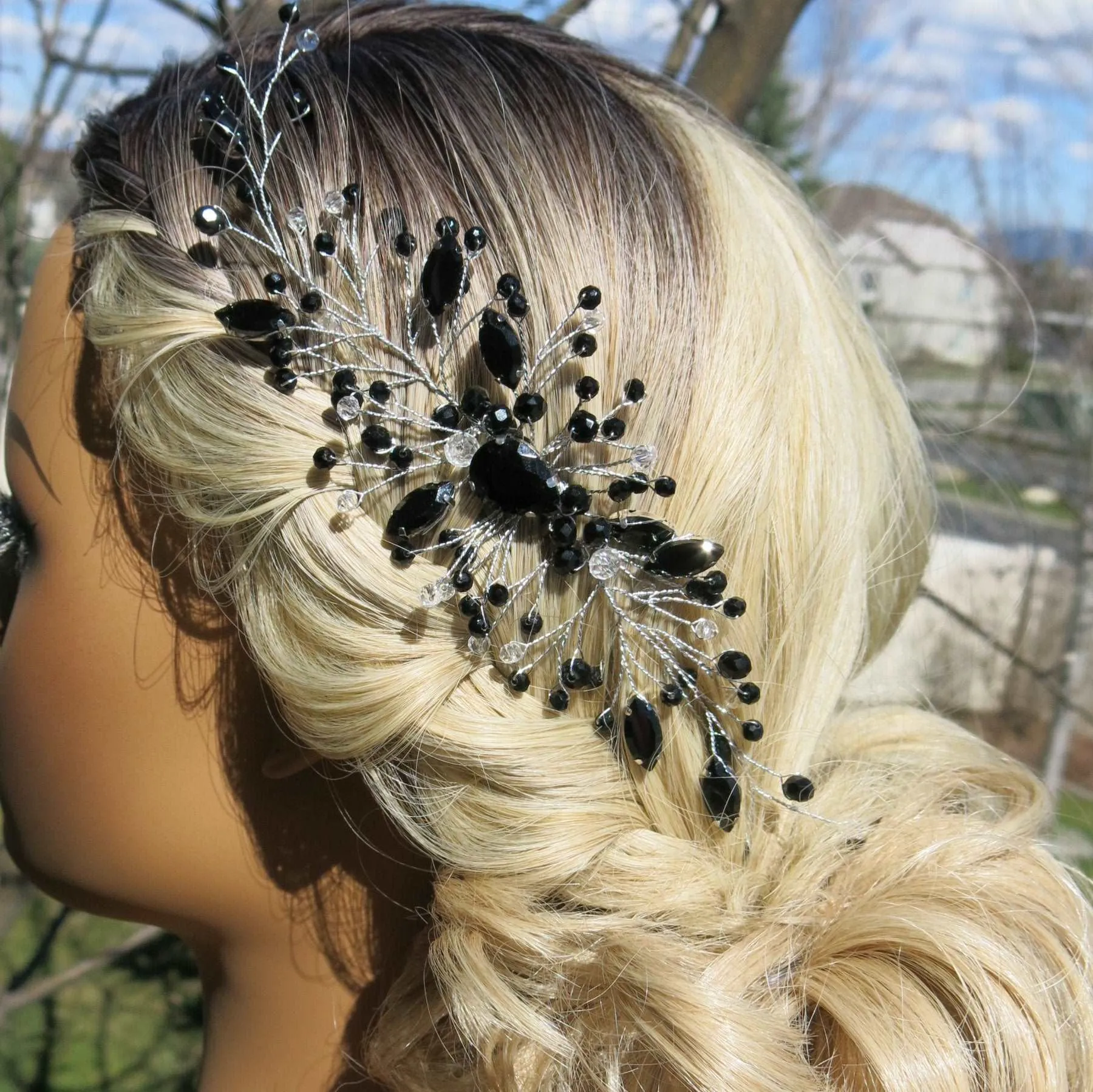 Black Gem Bridal Hair Comb, Rhinestone Gothic Hairpiece, Large Wedding Black Crystal Headpiece