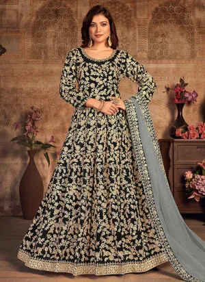 Black Heavy Embroidered Designer Velvet Anarkali Suit