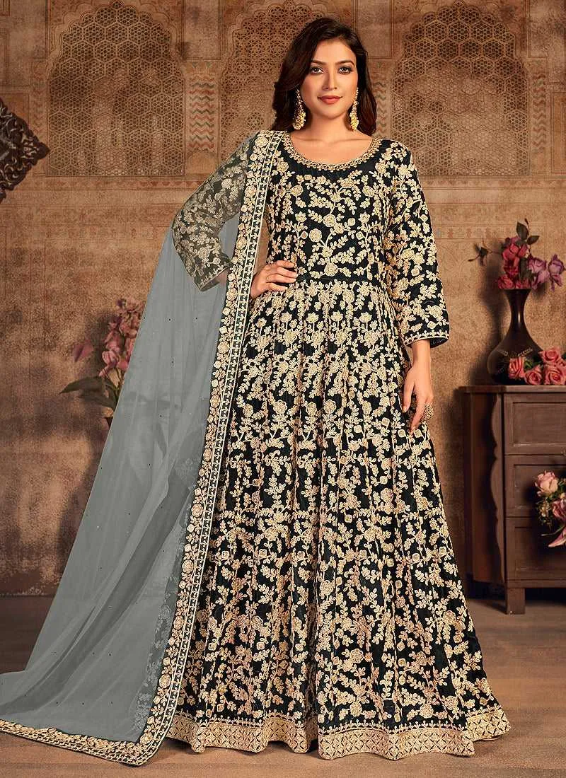 Black Heavy Embroidered Designer Velvet Anarkali Suit