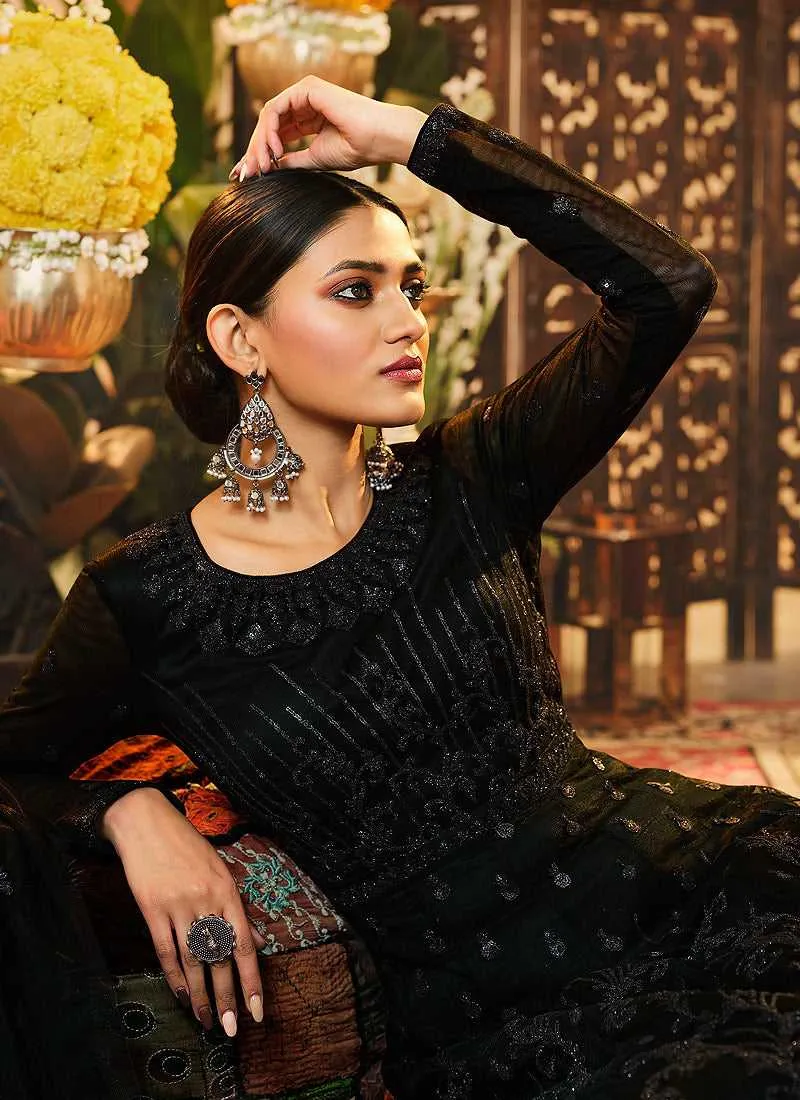 Black Heavy Embroidered Kalidar Anarkali