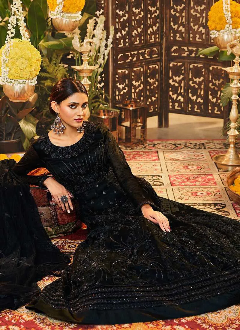 Black Heavy Embroidered Kalidar Anarkali