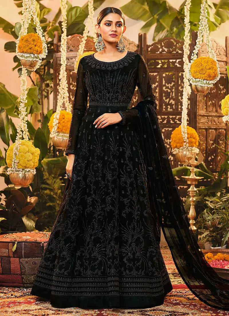 Black Heavy Embroidered Kalidar Anarkali