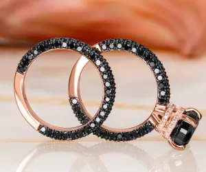 Black Magic   Monoceros - 6.44 Carats Three-Sided Band Natural Black Diamond Cushion Engagement Ring   Matching Band (0.8 carats) for MIke