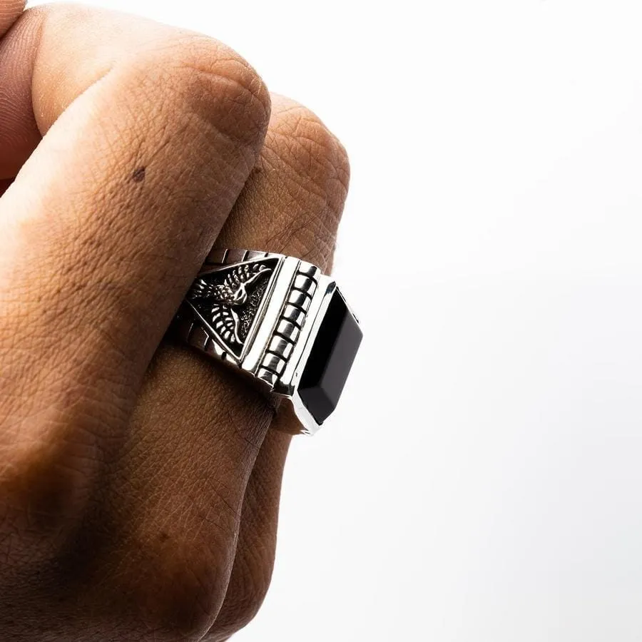 Black Onyx Eagle Sterling Silver Mens Ring