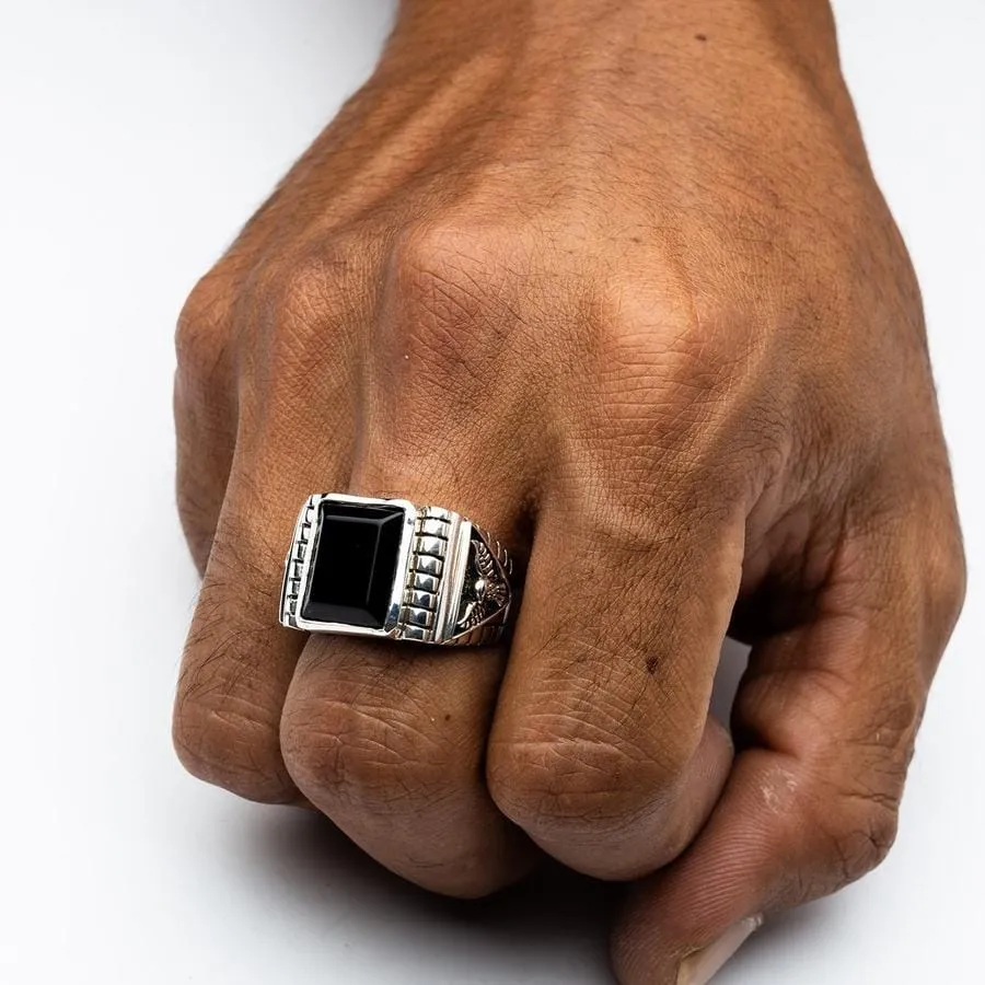 Black Onyx Eagle Sterling Silver Mens Ring