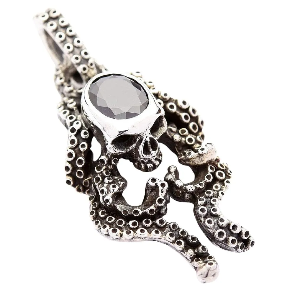 Black Onyx Octopus Skull Sterling Silver Gothic Pendant
