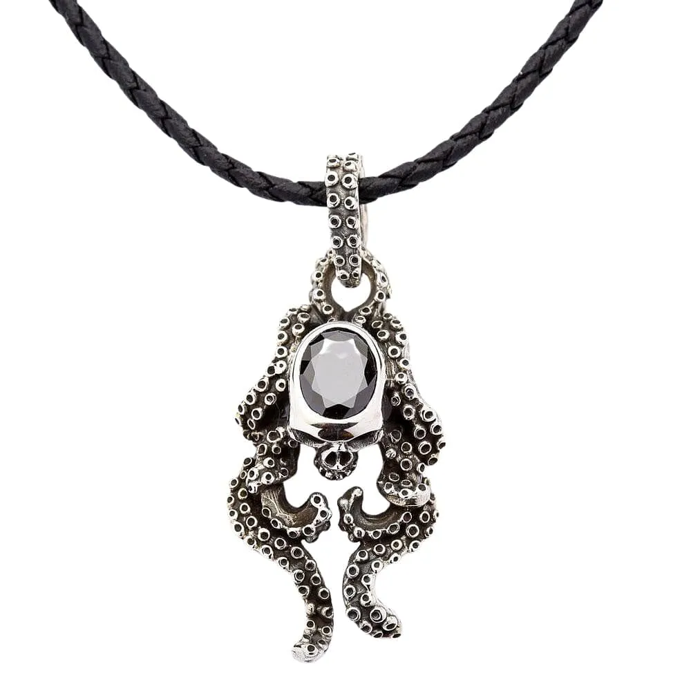 Black Onyx Octopus Skull Sterling Silver Gothic Pendant