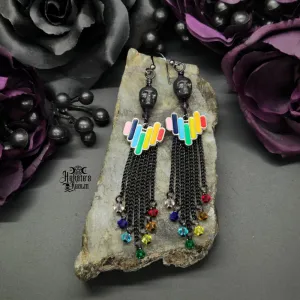 Black Skull Rainbow Heart Earrings