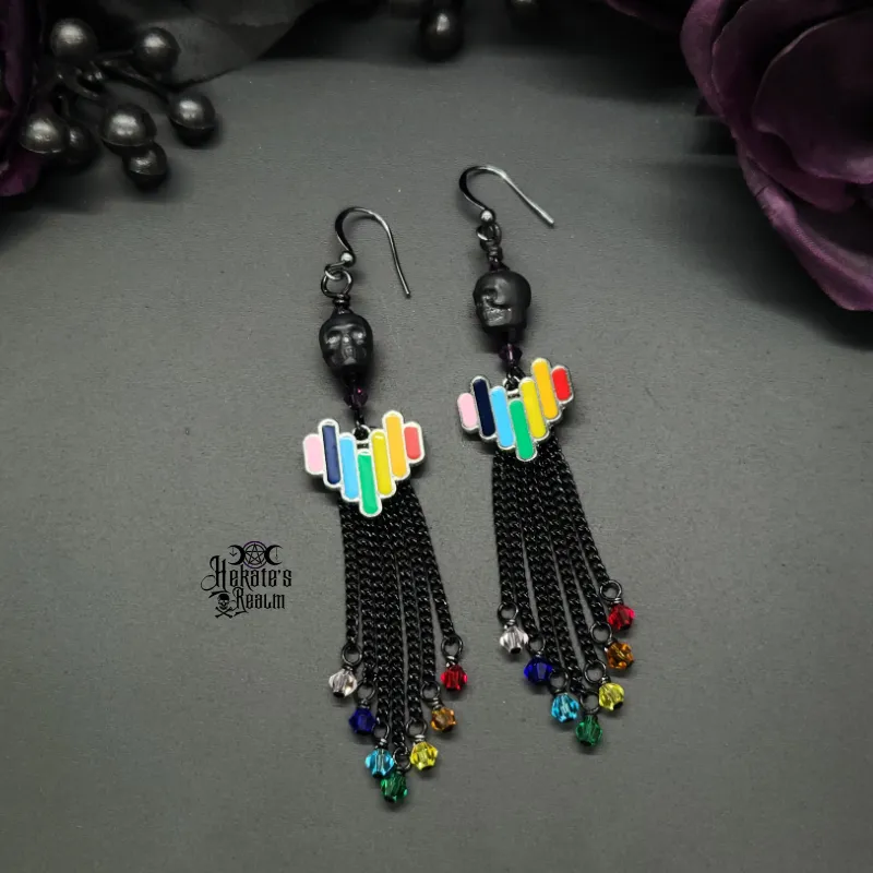 Black Skull Rainbow Heart Earrings