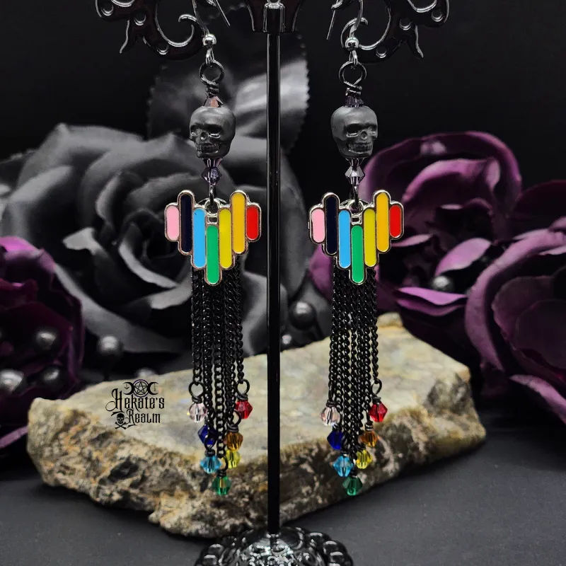 Black Skull Rainbow Heart Earrings