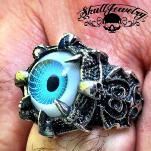 BLUE 'All Seeing Eye' Gothic Skull Dragon Ring (#289)