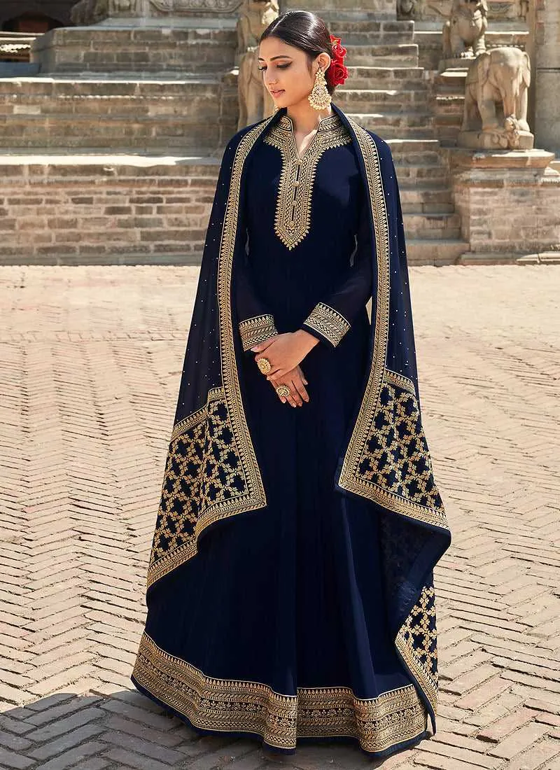 Blue Embroidered Stylish Kalidar Gown Style Anarkali