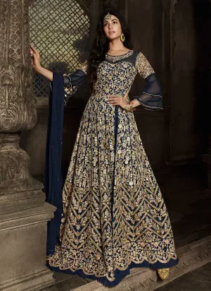 Blue Floral Embroidered Heavy Anarkali Suit