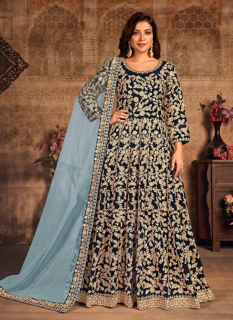 Blue Heavy Embroidered Designer Velvet Anarkali Suit