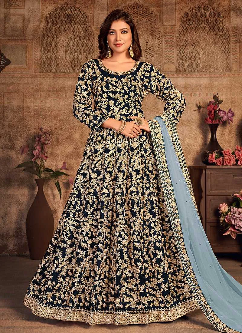Blue Heavy Embroidered Designer Velvet Anarkali Suit