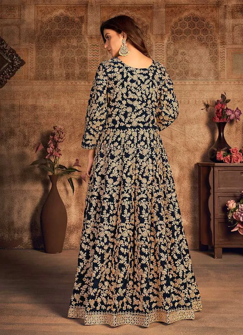 Blue Heavy Embroidered Designer Velvet Anarkali Suit