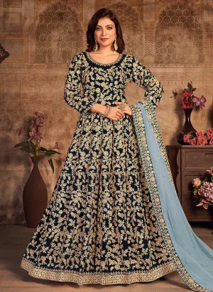 Blue Heavy Embroidered Designer Velvet Anarkali Suit