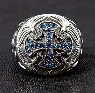 Blue Sapphire Medieval Cross Sterling Silver Ring