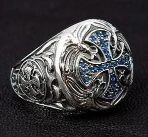 Blue Sapphire Medieval Cross Sterling Silver Ring