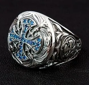 Blue Sapphire Medieval Cross Sterling Silver Ring