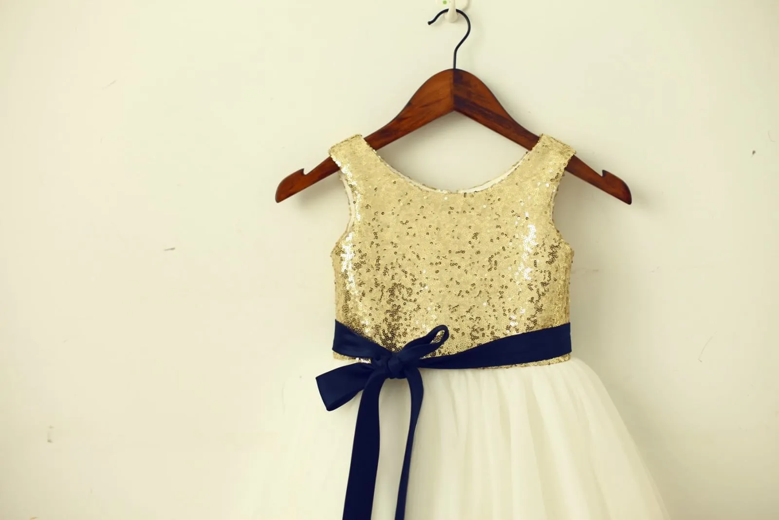 Blush / Gold Sequin Ivory Tulle Flower Girl Dress, Navy/Champagne Sash