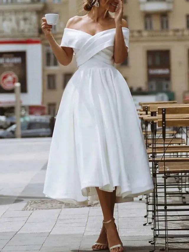 Bridal Shower A-Line Wedding Dress Tea Length Off Shoulder Satin Bridal Gown