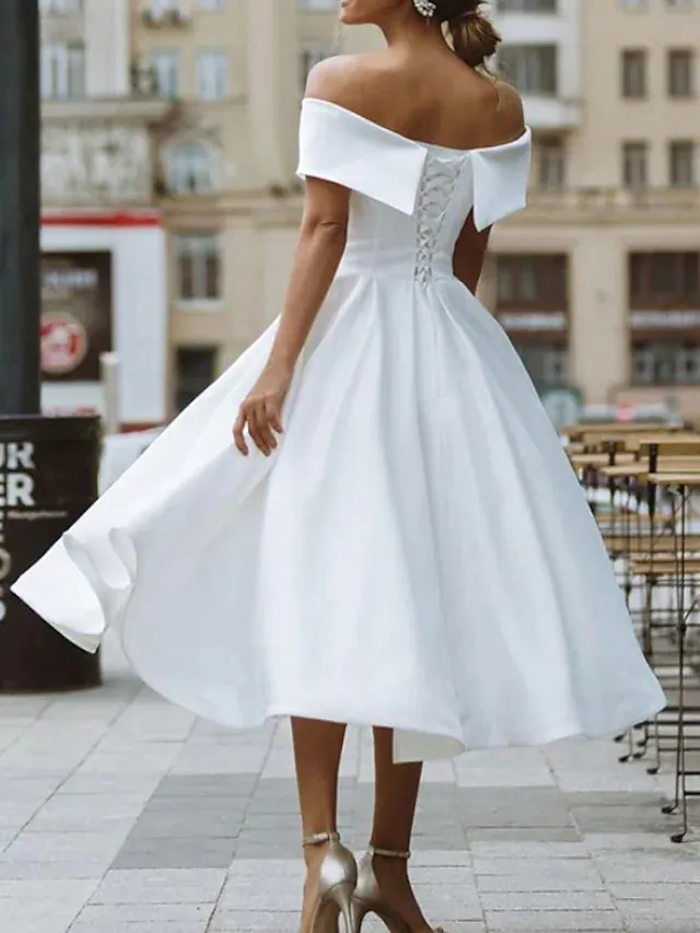 Bridal Shower A-Line Wedding Dress Tea Length Off Shoulder Satin Bridal Gown