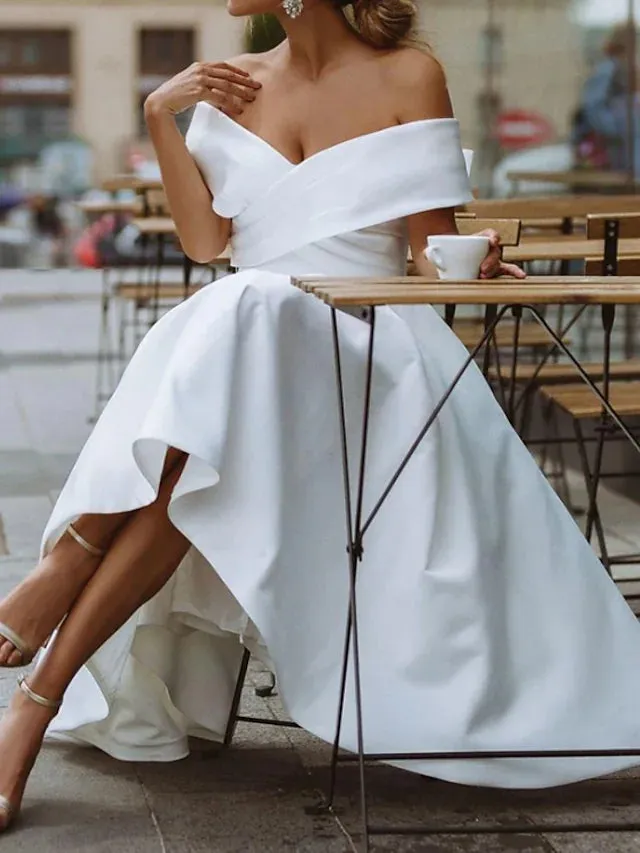 Bridal Shower A-Line Wedding Dress Tea Length Off Shoulder Satin Bridal Gown