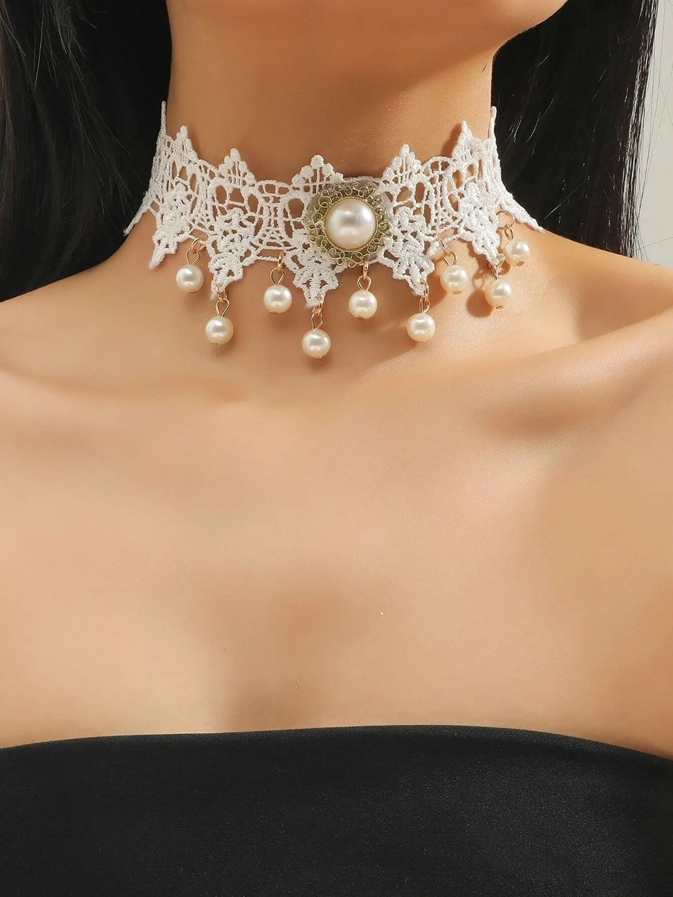 Bridal Tatted Lace Knit Necklace, White Pearl Accent Embroidered Choker Necklace, Victorian Wedding Statement Necklace