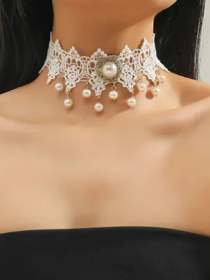 Bridal Tatted Lace Knit Necklace, White Pearl Accent Embroidered Choker Necklace, Victorian Wedding Statement Necklace