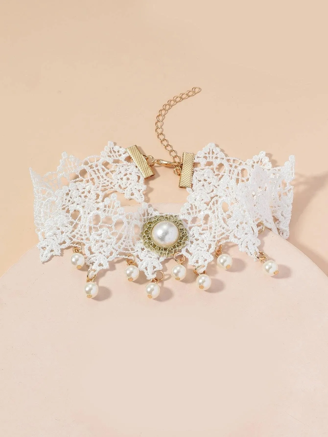 Bridal Tatted Lace Knit Necklace, White Pearl Accent Embroidered Choker Necklace, Victorian Wedding Statement Necklace