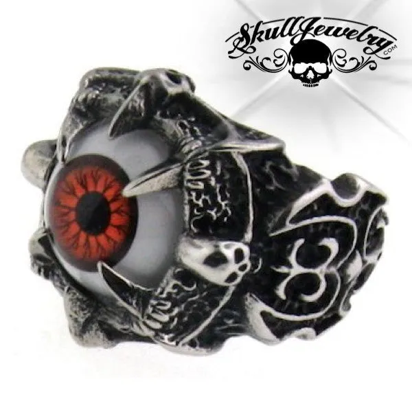 BROWN 'All Seeing Eye' Gothic Skull Dragon Claw Black Evil Eye Biker Ring (#288)