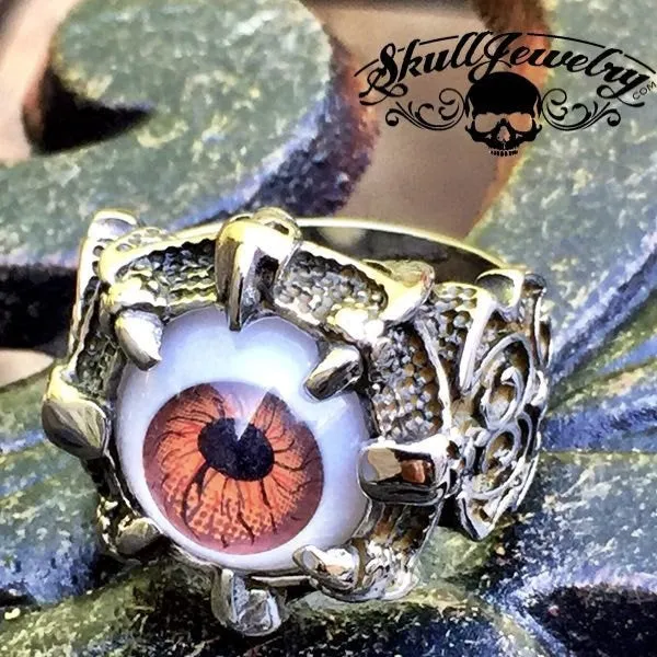 BROWN 'All Seeing Eye' Gothic Skull Dragon Claw Black Evil Eye Biker Ring (#288)