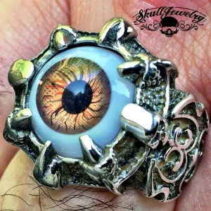 BROWN 'All Seeing Eye' Gothic Skull Dragon Claw Black Evil Eye Biker Ring (#288)