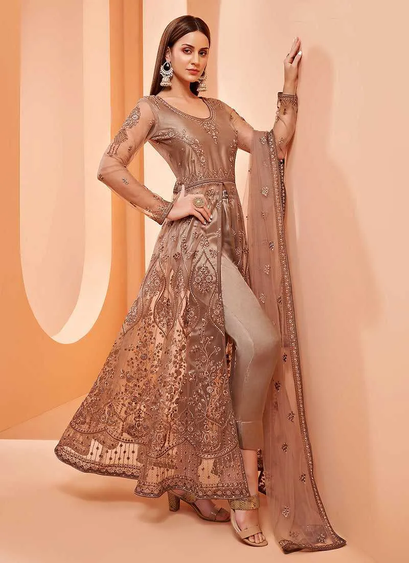 Brown Heavy Designer Embroidered Lehenga/ Pant Style Anarkali