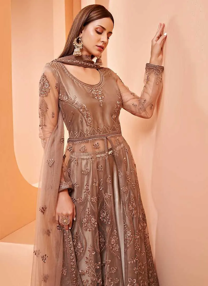 Brown Heavy Designer Embroidered Lehenga/ Pant Style Anarkali