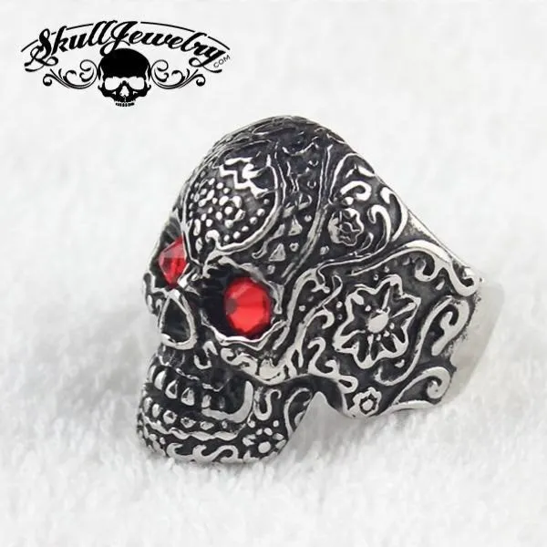Calaveras - Vintage Flower Skull Ring w/RED Eyes (#477)