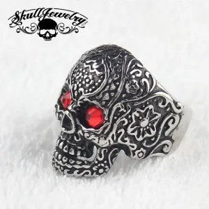 Calaveras - Vintage Flower Skull Ring w/RED Eyes (#477)