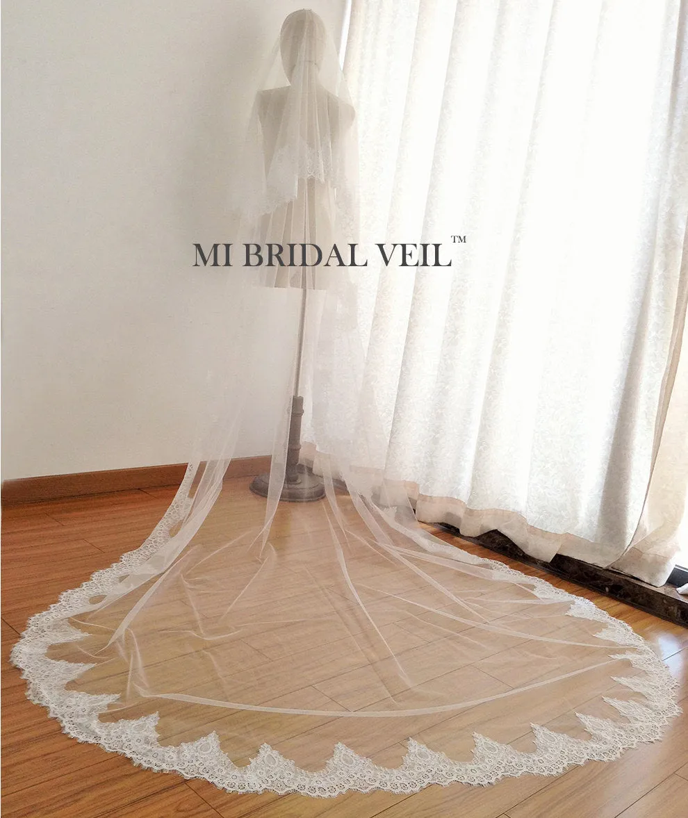 Cathedral Mantilla Lace Wedding Veil, Lace Veil with Blusher, Mi Bridal