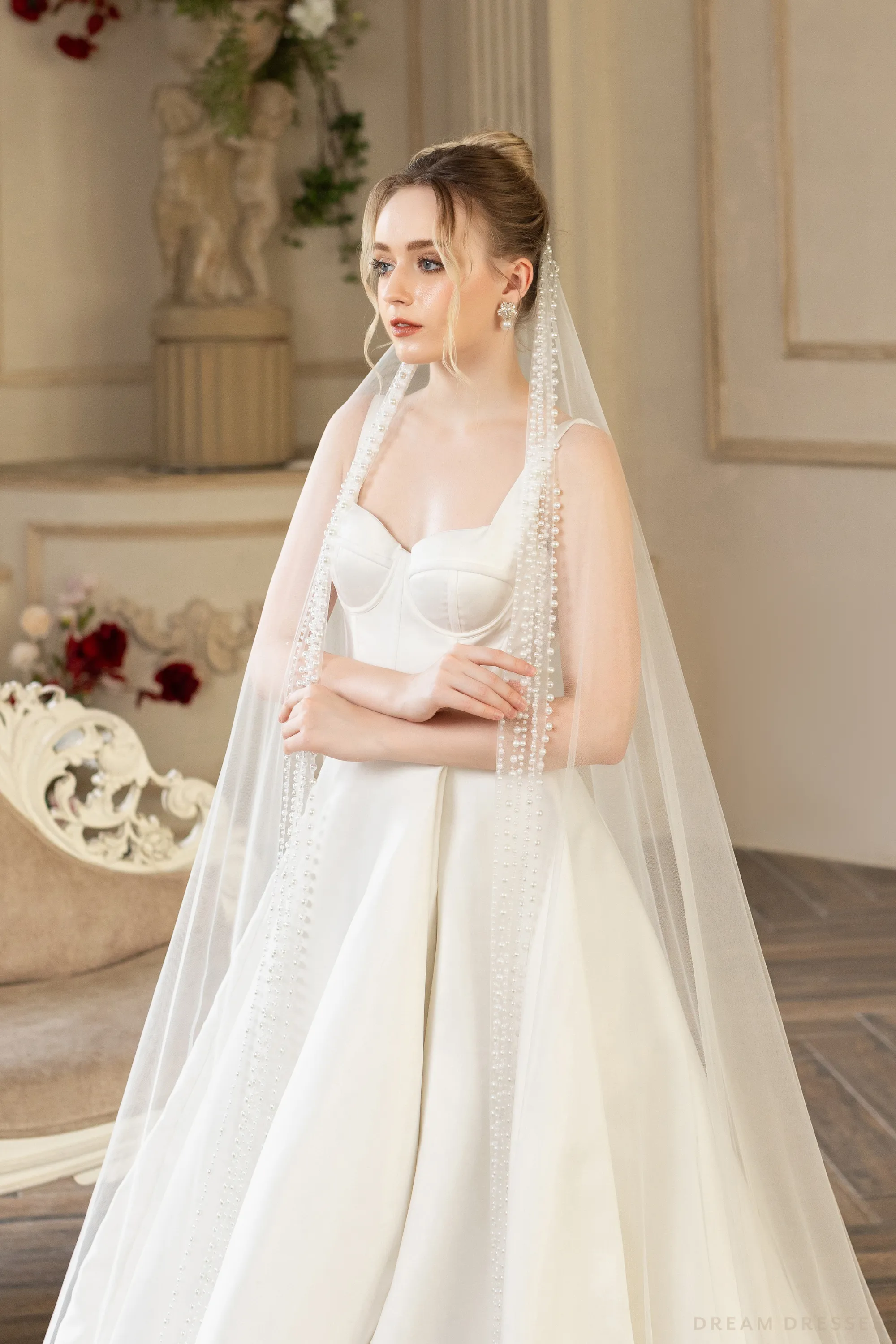 Cathedral Wedding Veil with Pearls (#QUEEN)