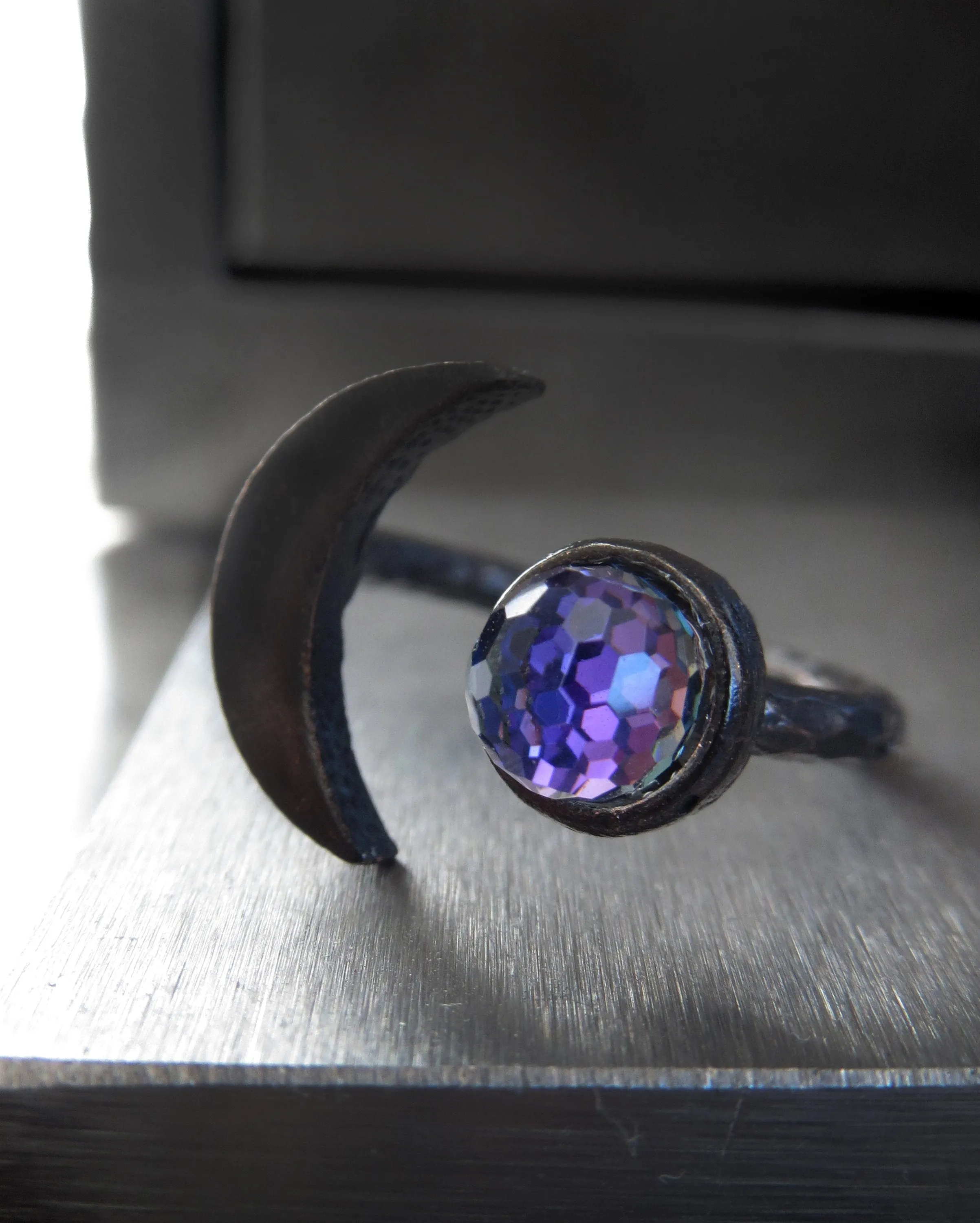 CELESTIAL - Black Crescent Moon Ring with Purple Vintage Crystal