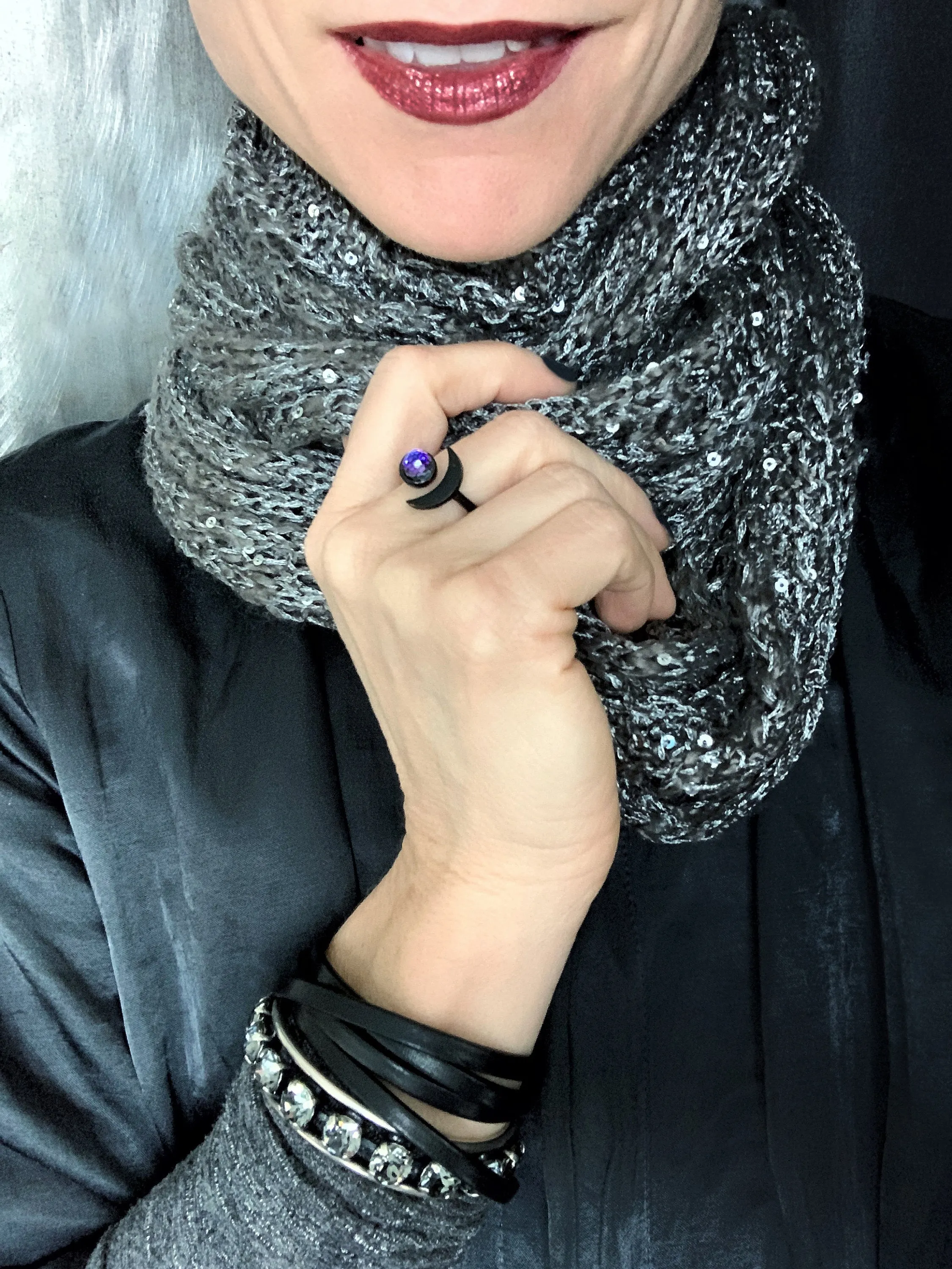 CELESTIAL - Black Crescent Moon Ring with Purple Vintage Crystal