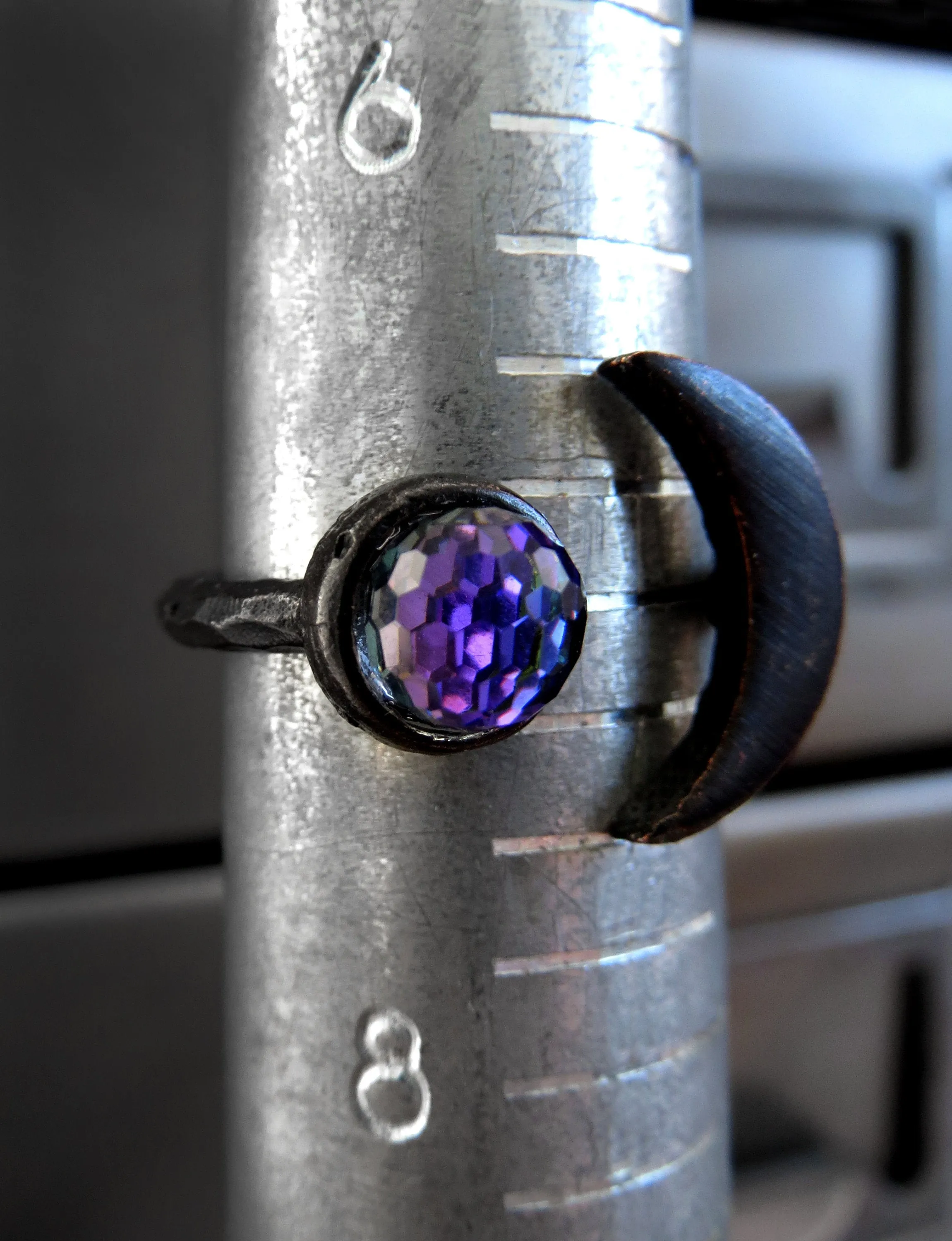 CELESTIAL - Black Crescent Moon Ring with Purple Vintage Crystal