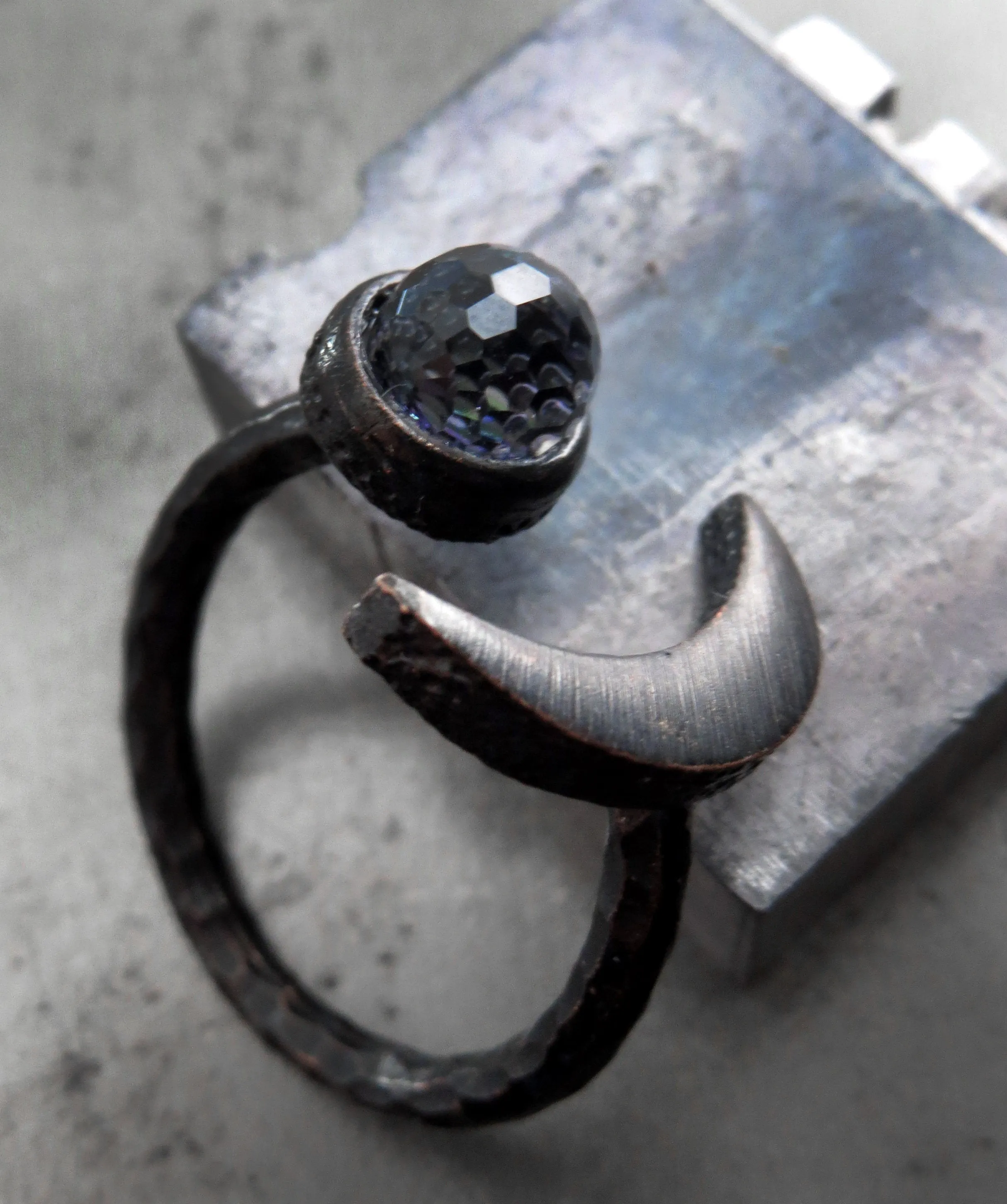 CELESTIAL - Black Crescent Moon Ring with Purple Vintage Crystal