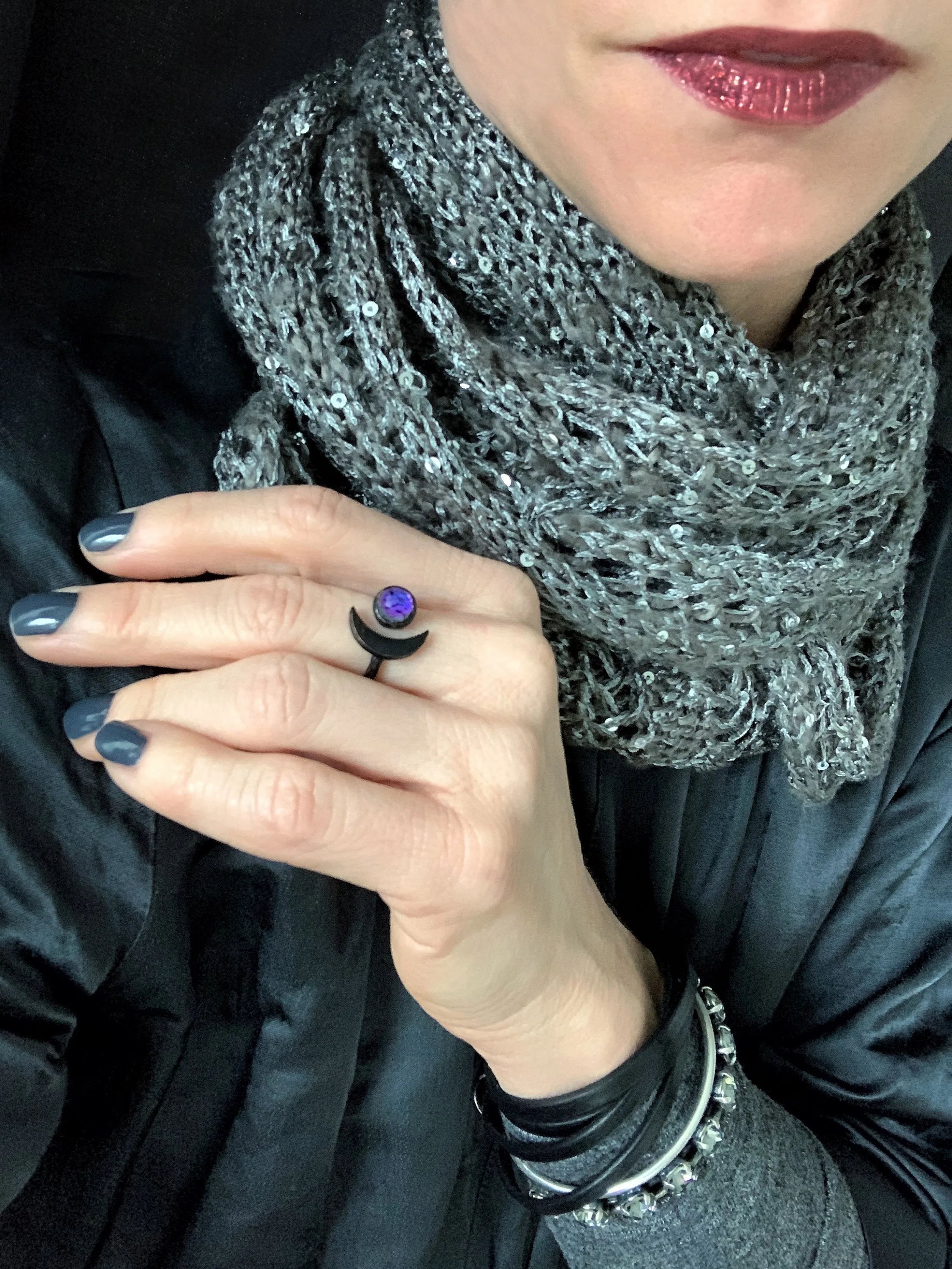 CELESTIAL - Black Crescent Moon Ring with Purple Vintage Crystal