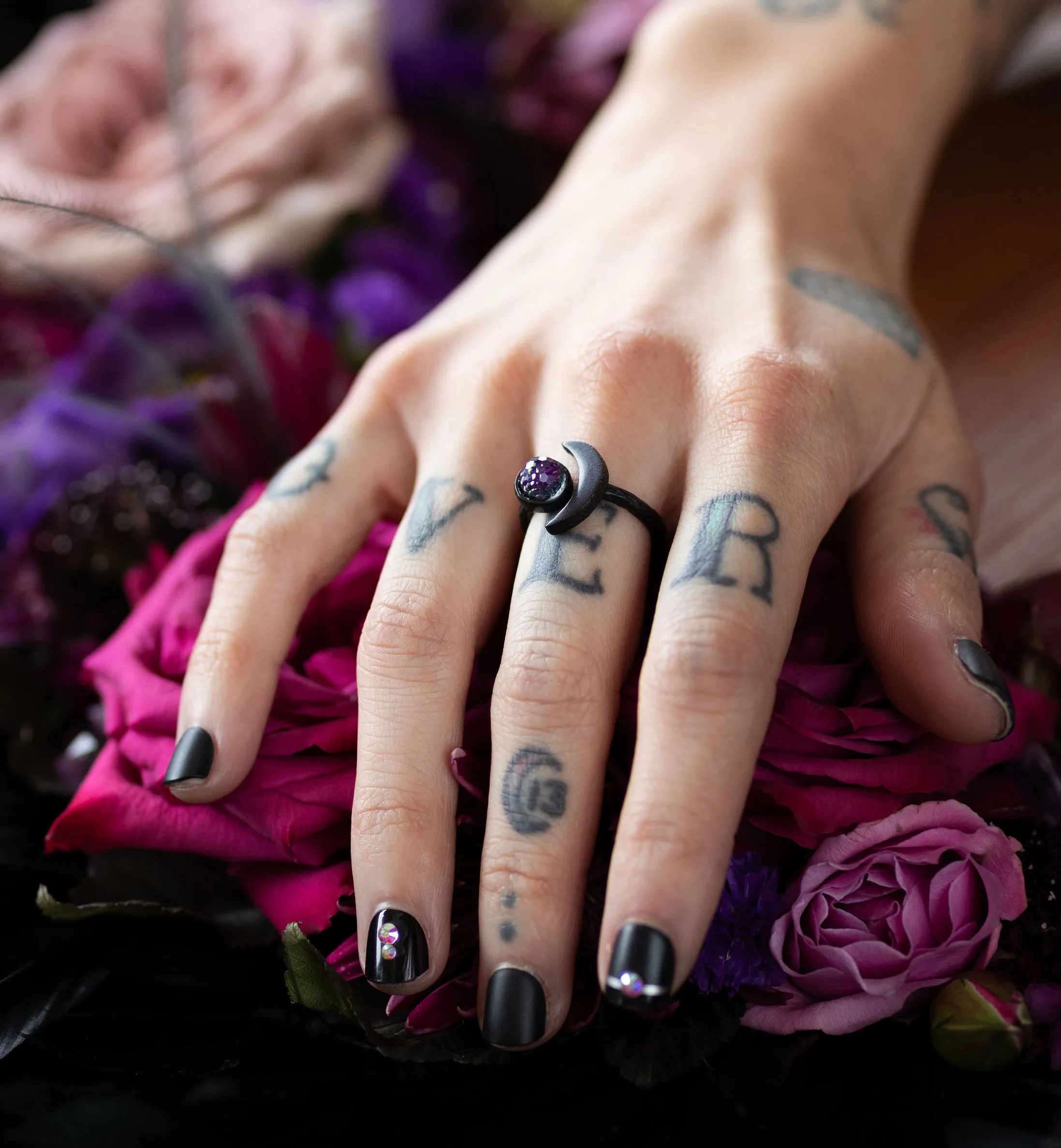 CELESTIAL - Black Crescent Moon Ring with Purple Vintage Crystal