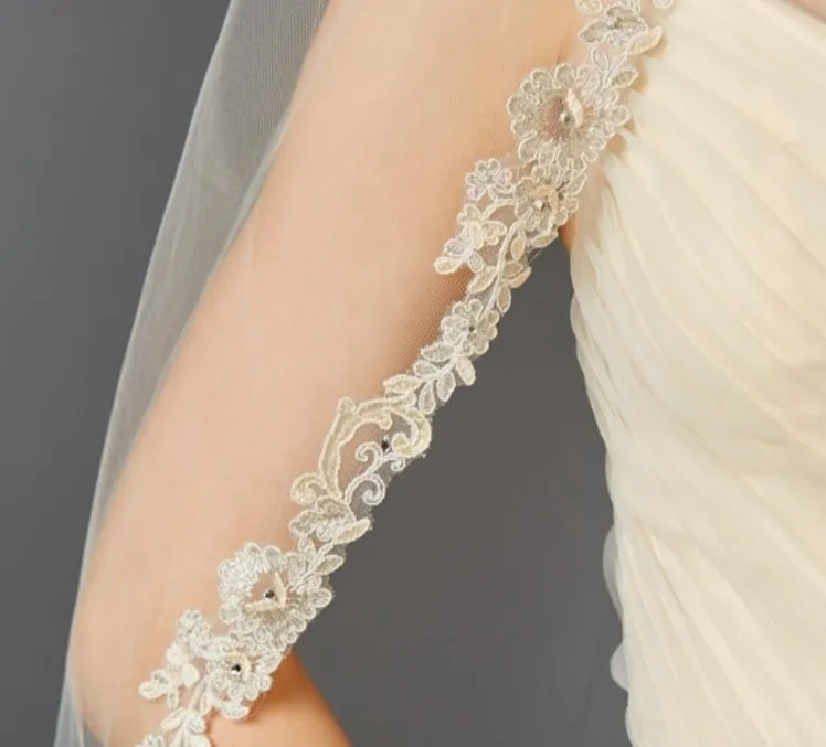 Champagne Lace Edge Fingertip Mantilla Veil