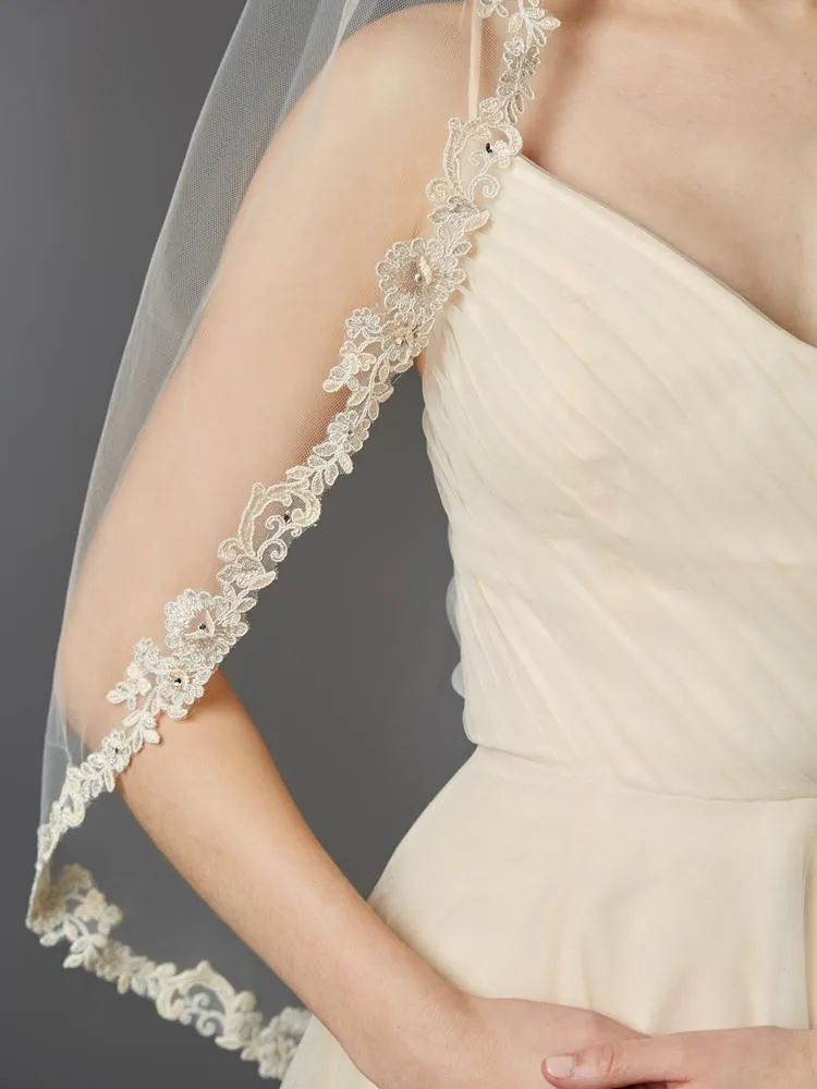 Champagne Lace Edge Fingertip Mantilla Veil